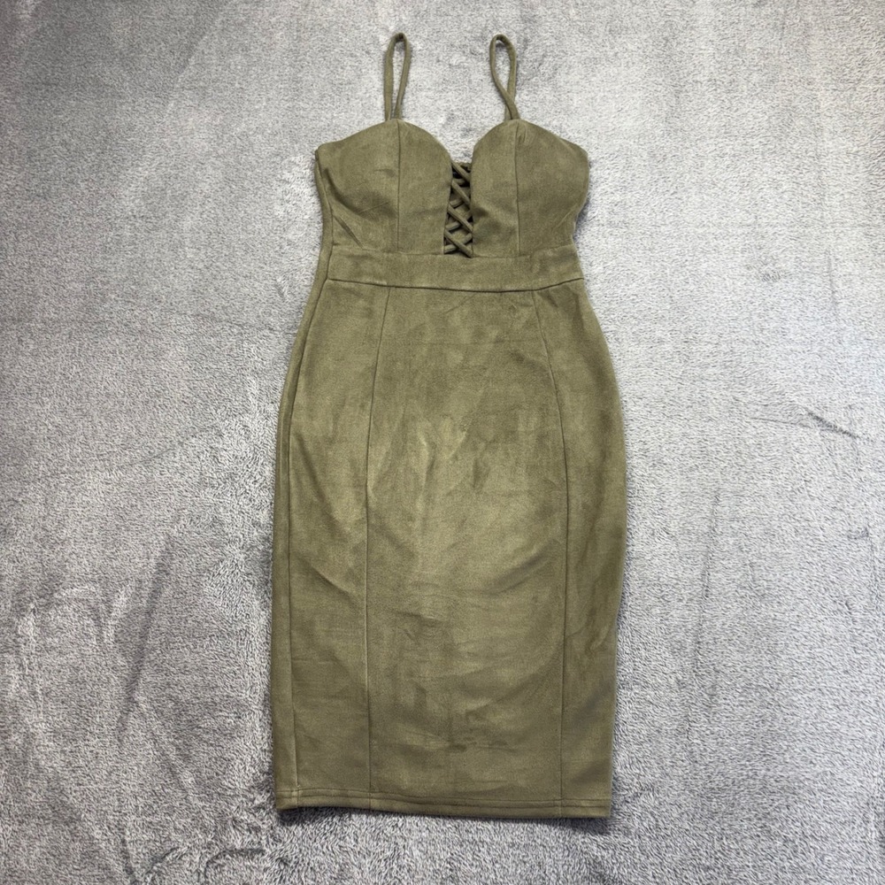 Privy Bodycon Midi Dress Women Small Olive Green Good Faux Suede Lace Up Front